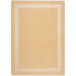 A tan rectangular area rug with a white border and white stripe.
