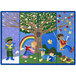 A multicolored rectangular area rug with different images of kids reading books under trees.