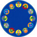 A multi-colored round rug with animals on it.