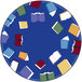 A circular area rug with a pattern of books on it.