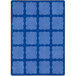 A multicolored rectangular area rug with blue squares on it.