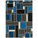 A blue and black rectangular area rug with squares and rectangles in sapphire blue.