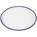 A white Cal-Mil oval melamine tray with a blue rim.