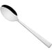 A Sola stainless steel dessert spoon with a black handle and silver spoon.