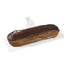 A chocolate covered eclair on a white Solia bagasse pastry display tray.