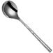 A Sola stainless steel round bowl soup spoon with a handle.