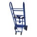 A blue Vestil appliance hand truck with wheels.