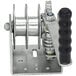 A Vestil steel wall mounted hand winch with a metal pulley and black handle.