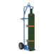 A green Vestil cylinder on a blue Vestil hand truck with overhead lift.