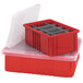 A red plastic Quantum long divider for dividable grid containers with compartments.