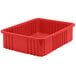 A Quantum red plastic dividable container with a square bottom.