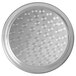 A silver stainless steel round tray with a swirl pattern.