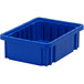 A Quantum heavy-duty blue plastic container with dividers and a lid.