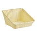 A white woven plastic rattan basket with a slanted design.