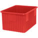 A red Quantum heavy-duty plastic dividable container.