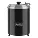 An Avantco black and silver countertop soup warmer with a lid.