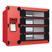 A red and black box with black doors.