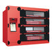 A red Hatco Flav-R 2-Go pizza pickup locker system with black and red boxes inside.
