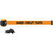 An orange Banner Stakes wall mount belt barrier with black text reading "Danger - Forklift Traffic" on white tape.