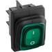 A green power switch with white text.