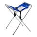 A white and blue assembled infant seat cradle with a metal frame and fabric seat.