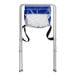 A white and blue assembled infant seat cradle with a mesh storage pocket and foldable metal frame.