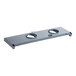 A grey metal rectangular shelf with holes in it.