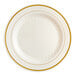 A white plate with gold rim.