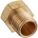 A brass threaded male fitting with a gold nut.