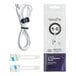 A white cord with white and black tags attached to it.