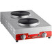 An Avantco stainless steel double burner portable electric stove with black burners and knobs.
