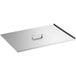 A silver rectangular stainless steel lid with a handle.