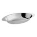 An 8 oz. stainless steel oval au gratin dish.