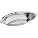 A stainless steel oval au gratin dish with a scalloped edge.