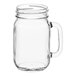 A clear glass Libbey mason jar with a handle.