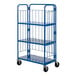 A blue steel Vestil roller container cart with three shelves.