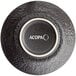 A close up of a black matte textured stoneware bowl with a white background.