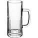 A clear glass Acopa tall beer mug with a handle.