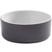 A grey bowl with a white rim.