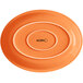 An orange Acopa Capri stoneware oval platter with black text that reads "Valencia" on it.