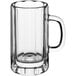 A clear glass Acopa beer mug with a handle.