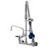 A T&S chrome wall mounted pre-rinse faucet with blue handle and hose.