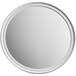 A white round plate with a silver rim.