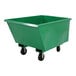 A green metal bin with black wheels.