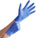 A pair of hands wearing blue Noble Products nitrile gloves.