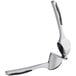 A silver metal garlic press with black accents.