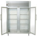A Traulsen stainless steel reach-in refrigerator with two glass doors.