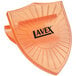 An orange Lavex toilet bowl clip with black text on it.