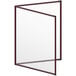 A maroon menu cover with black corners and a matte finish with a red border.