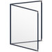 A blue menu cover with silver corners and a matte finish with white inserts.